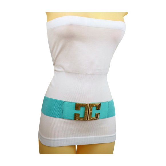 NEW Women Mint Green Shade Elastic Wide Belt Metal C Buckle Adjustable Size S M - Picture 15 of 17